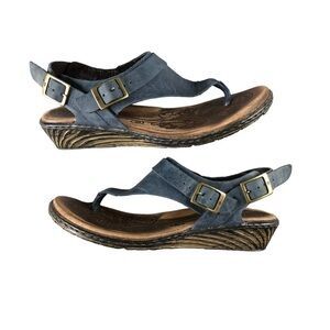 Born Womens Sz7 Blue T Strap Sling Back Leather Wedge Sandals, Boho, Festival